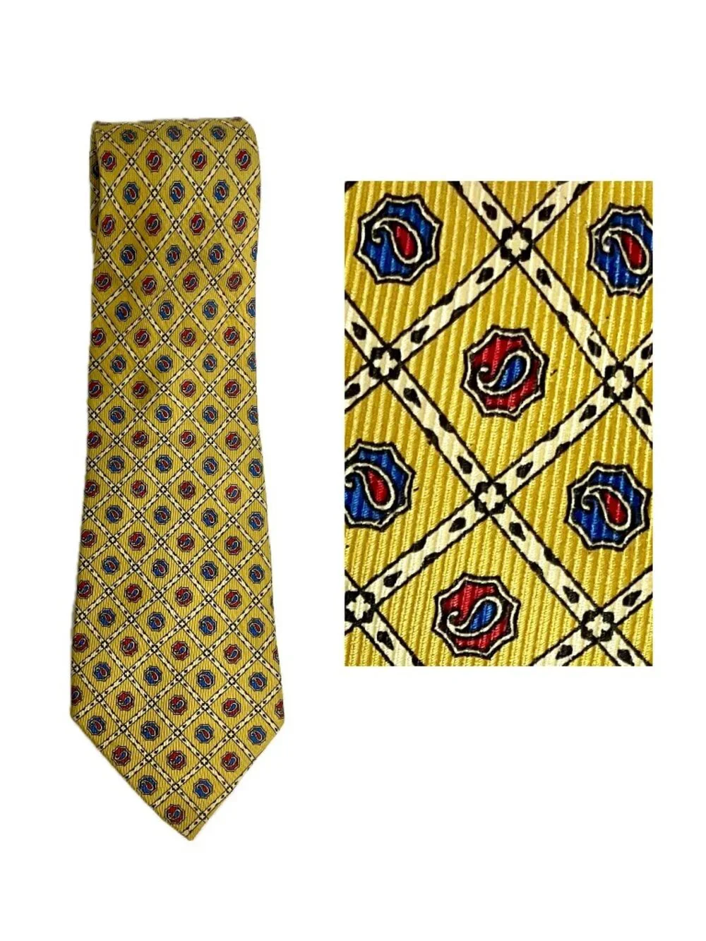 Elios Paris 100% Silk Tie Paisley Yellow Mens
